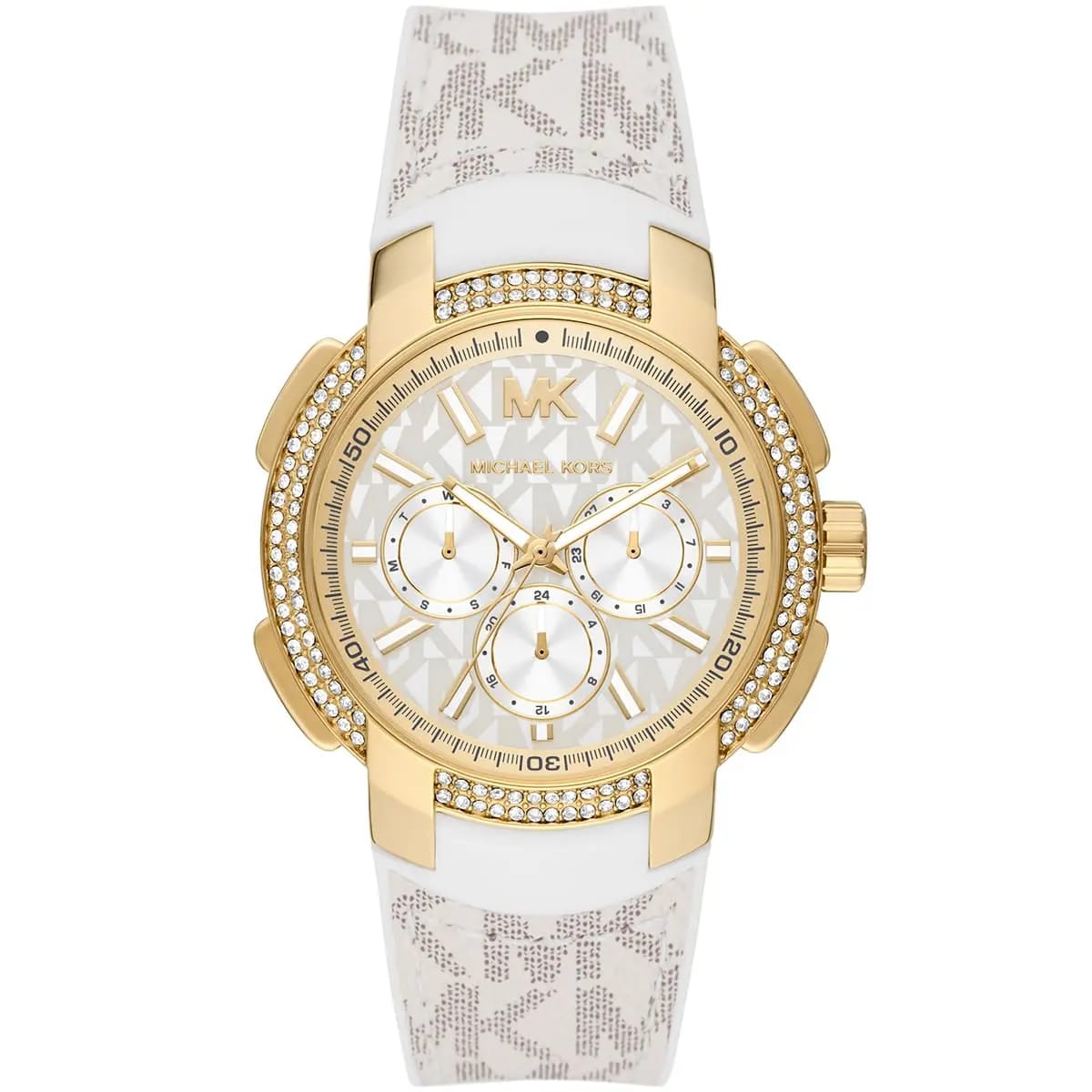 Michael Kors MK7221 Women’s White Dial White Logo Strap Gold-Tone Multi-Function Watch