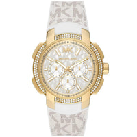 Michael Kors MK7221 Women’s White Dial White Logo Strap Gold-Tone Multi-Function Watch