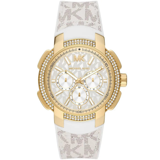 Michael Kors MK7221 Women’s White Dial White Logo Strap Gold-Tone Multi-Function Watch