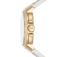 Michael Kors MK7221 Women’s White Dial White Logo Strap Gold-Tone Multi-Function Watch