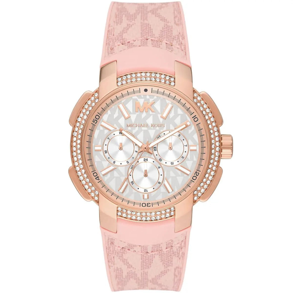 Michael Kors MK7222 Women’s White Dial Pink Logo Strap Rose Gold Multi-Function Watch