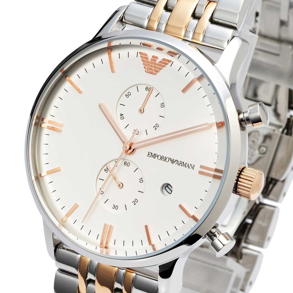 Emporio Armani AR0399 Men’s Silver Dial Two-Tone Stainless Steel Gianni Chronograph Watch