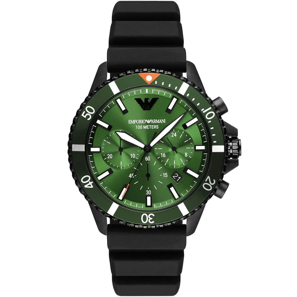 Emporio Armani AR11463 Men’s Green Dial Silicone Strap Diver Chronograph Watch