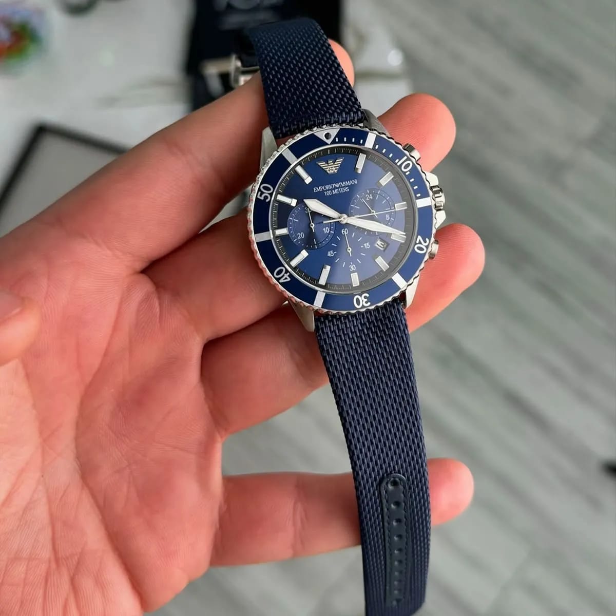 Emporio Armani AR11588 Men’s Blue Dial Fabric Strap Diver Chronograph Watch