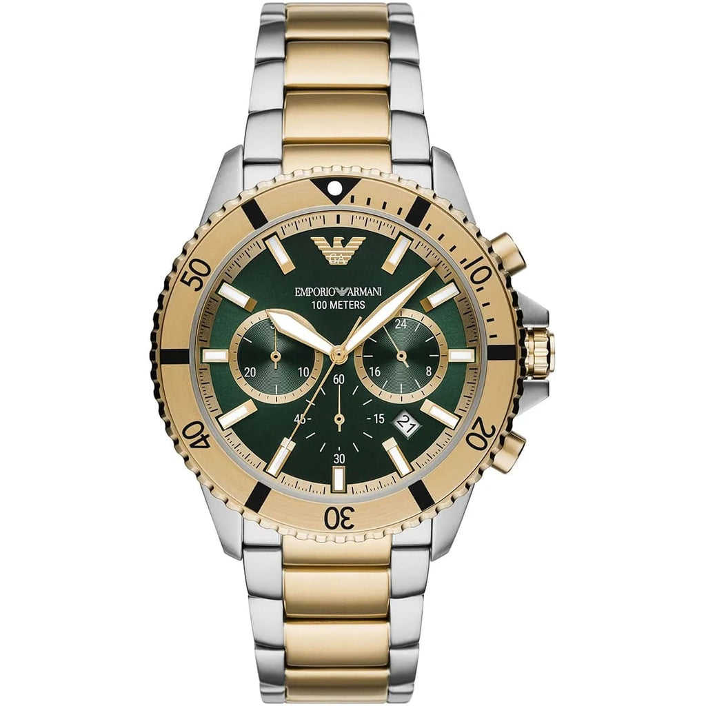 Emporio Armani AR11586 Men’s Green Dial Two-Tone Stainless Steel Diver Chronograph Watch