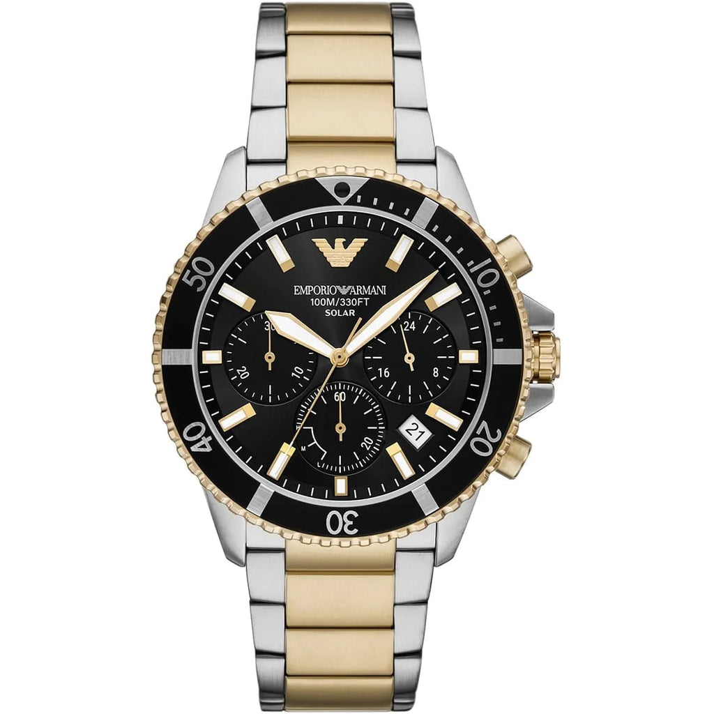 Emporio Armani World Explorer AR11680 Men's Solar Chronograph Black Dial Two-Tone Luxury Watch