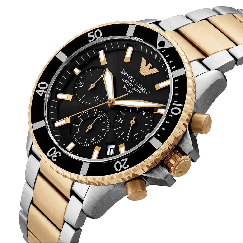 Emporio Armani World Explorer AR11680 Men's Solar Chronograph Black Dial Two-Tone Luxury Watch