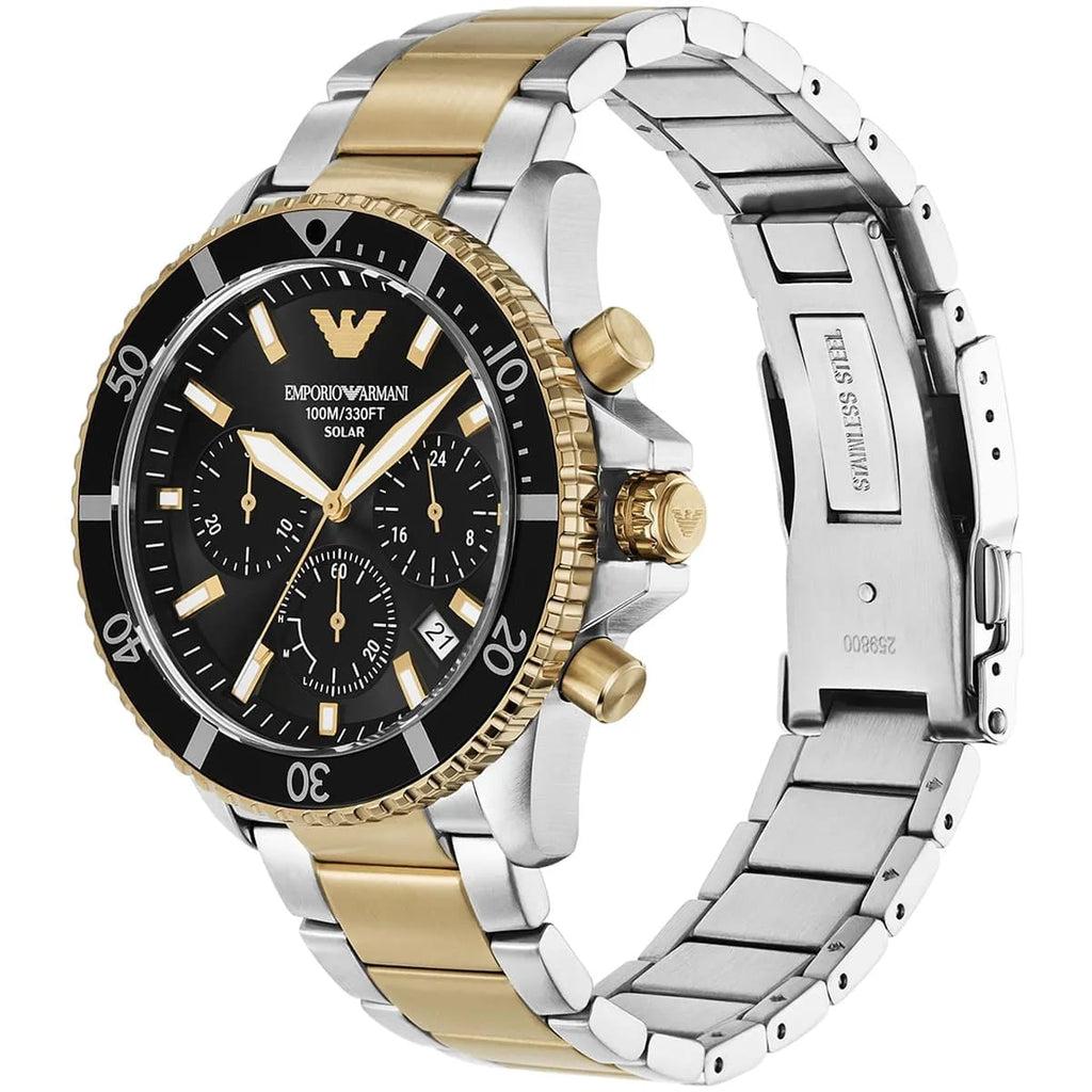 Emporio Armani World Explorer AR11680 Men's Solar Chronograph Black Dial Two-Tone Luxury Watch
