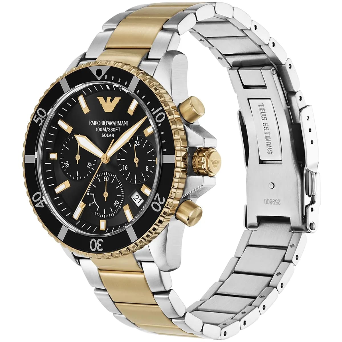 Emporio Armani World Explorer AR11680 Men's Solar Chronograph Black Dial Two-Tone Luxury Watch