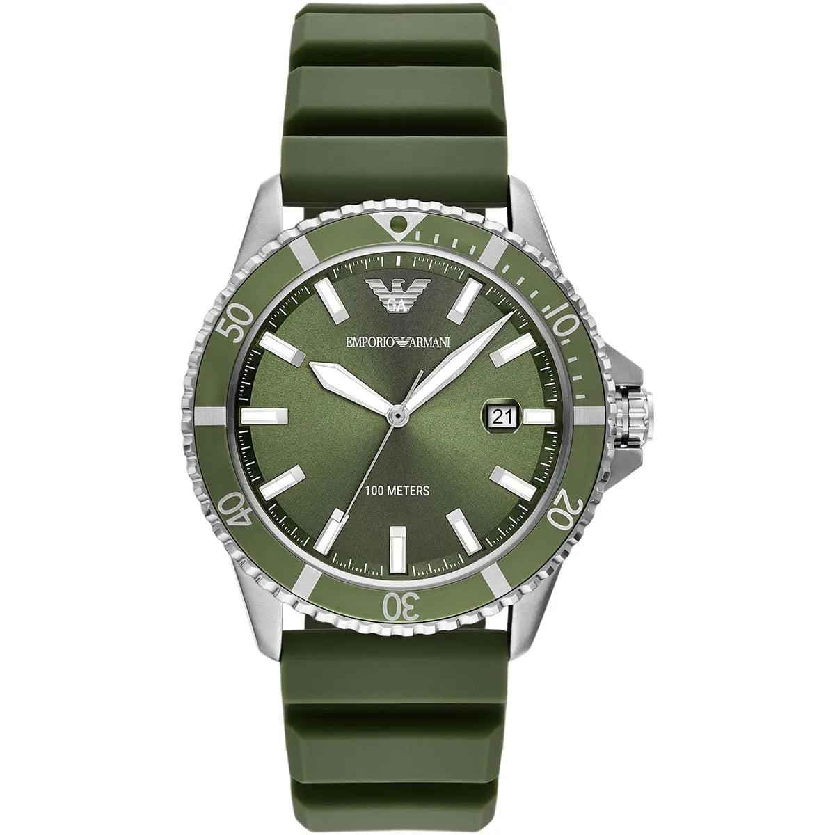 Emporio Armani World Explorer AR11638 Silver-Tone Green Dial Rubber Men's Watch