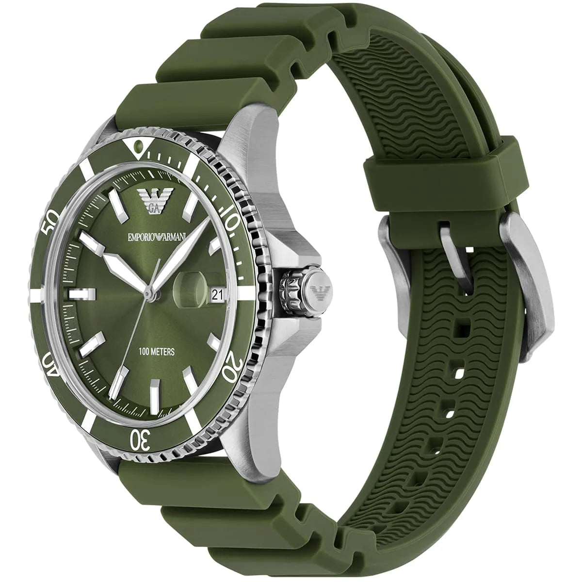 Emporio Armani World Explorer AR11638 Silver-Tone Green Dial Rubber Men's Watch