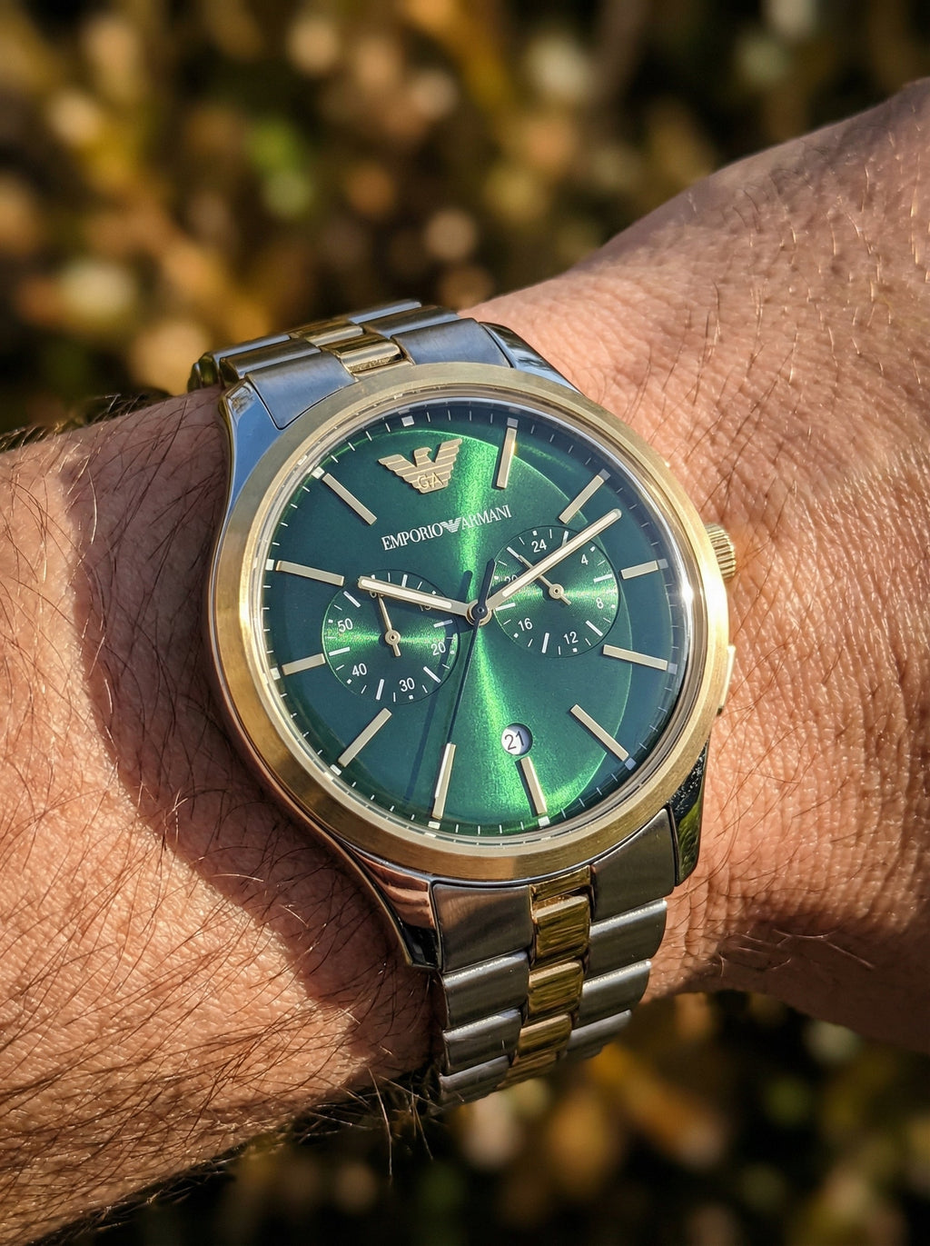 Emporio Armani Dario AR11692 Chronograph Green Dial Two-Tone Stainless Steel Men's Watch