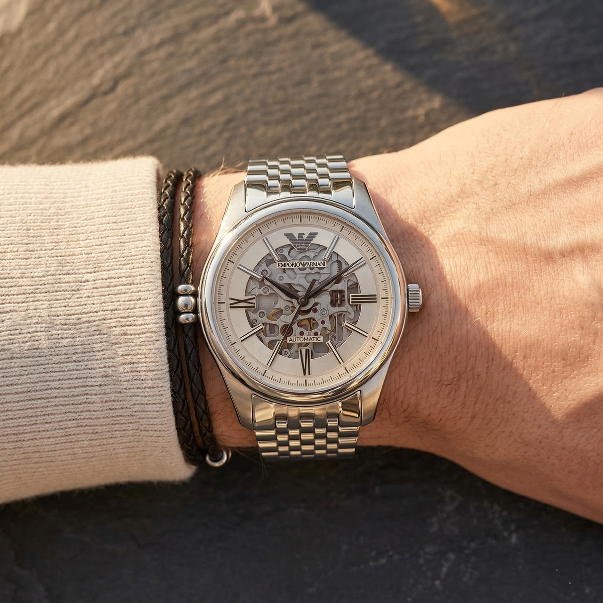 Emporio Armani Antonio AR60095 Silver-Tone Beige Skeleton Automatic Men's Watch