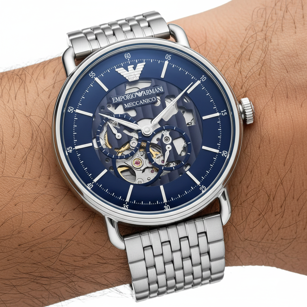 Emporio Armani Aviator AR60024 Meccanico Automatic Skeleton Blue Watch