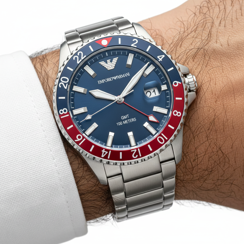 Emporio Armani Diver AR11590 GMT Pepsi Bezel Blue Dial Watch