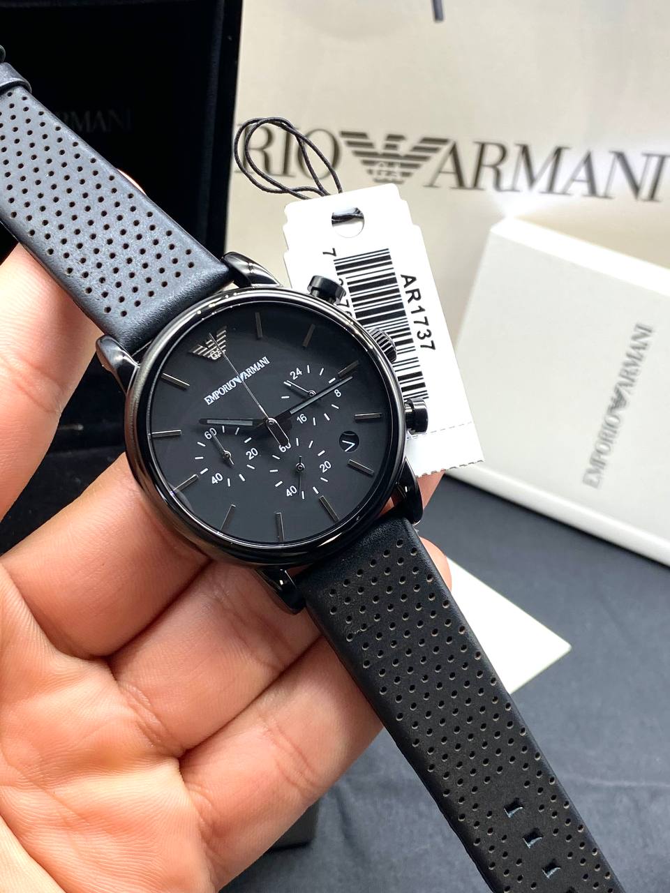 Emporio Armani Luigi AR1737 All Black Perforated Leather Watch