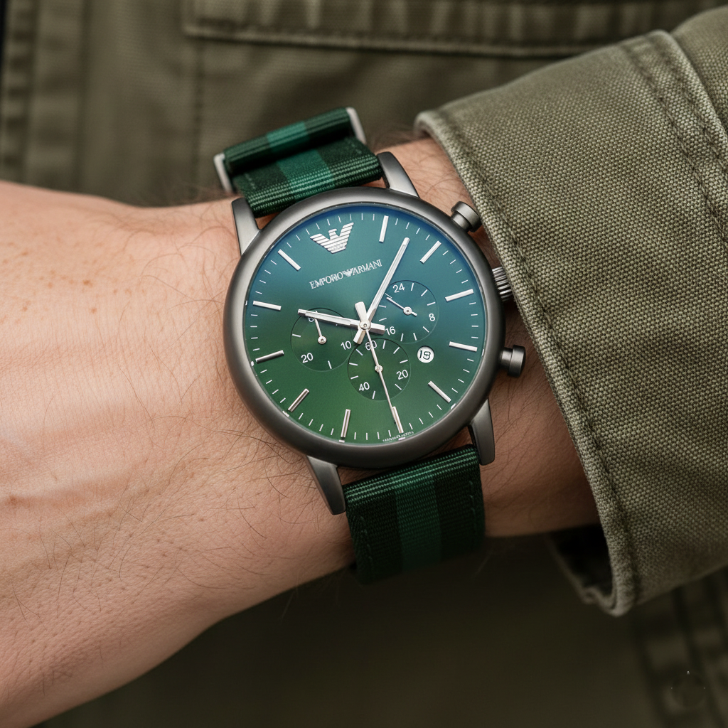 Emporio Armani Luigi XLarge AR1950 Green Fabric Strap Watch