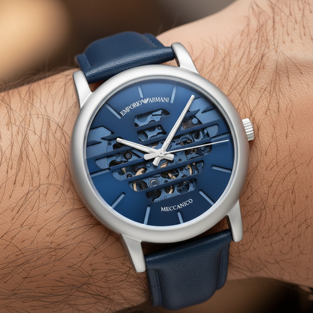 Emporio Armani Luigi AR60030 Meccanico Automatic Skeleton Blue Leather Watch