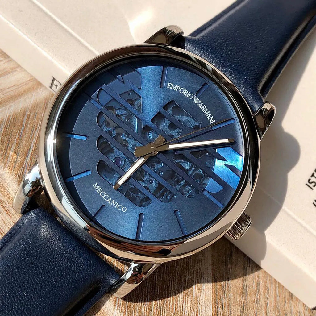 Emporio Armani Luigi AR60030 Meccanico Automatic Skeleton Blue Leather Watch