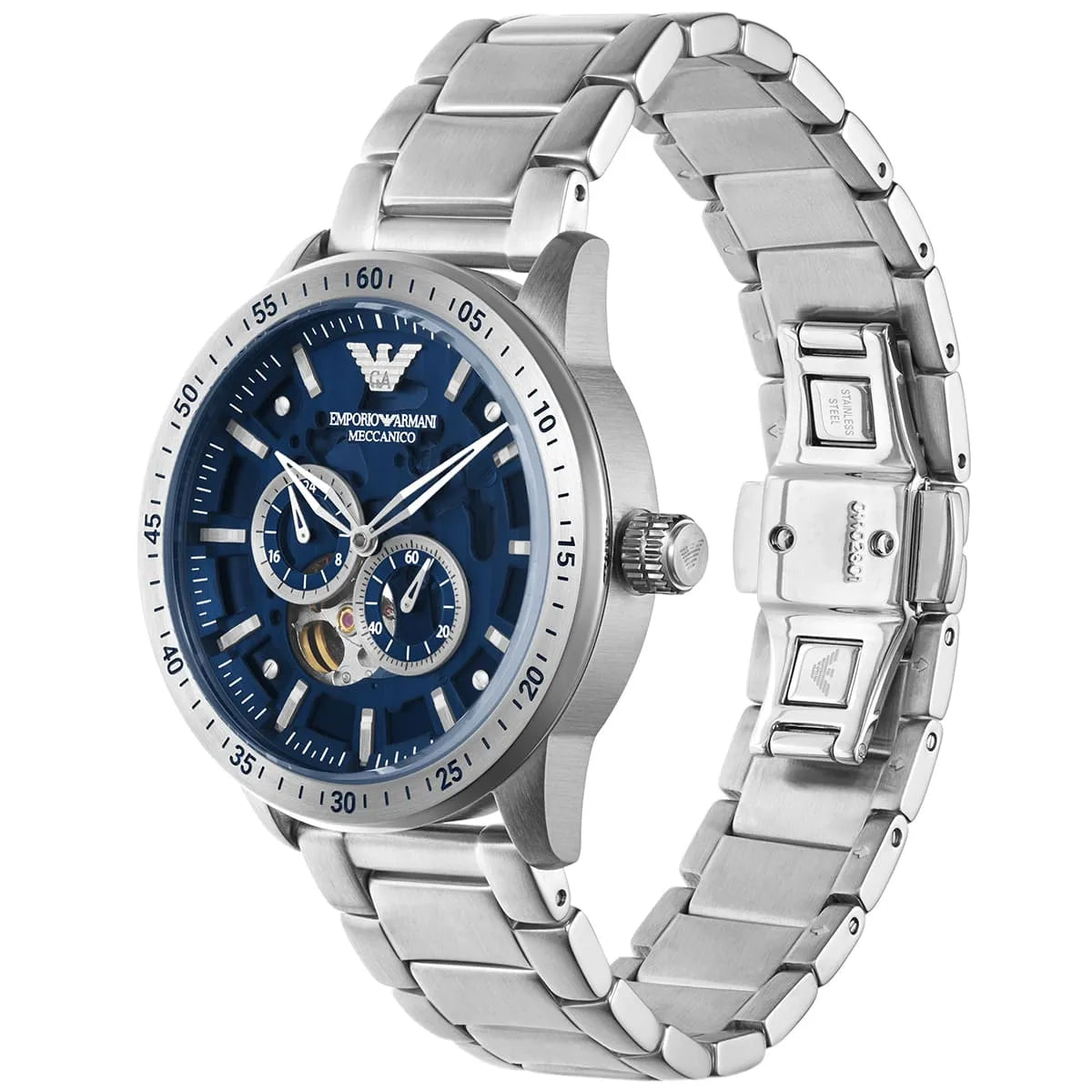 Emporio Armani Mario AR60052 Meccanico Automatic Skeleton Blue Dial Watch