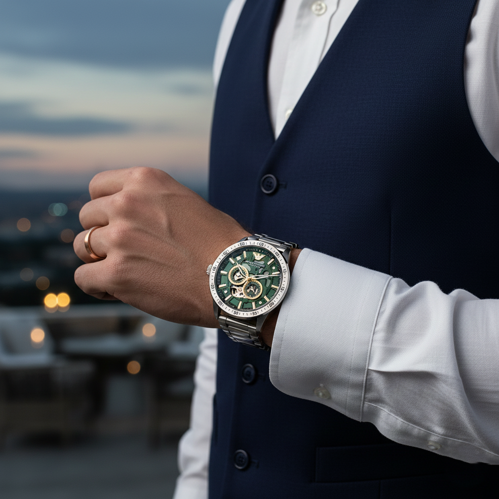 Emporio Armani Mario AR60053 Meccanico Automatic Skeleton Green & Gold Watch