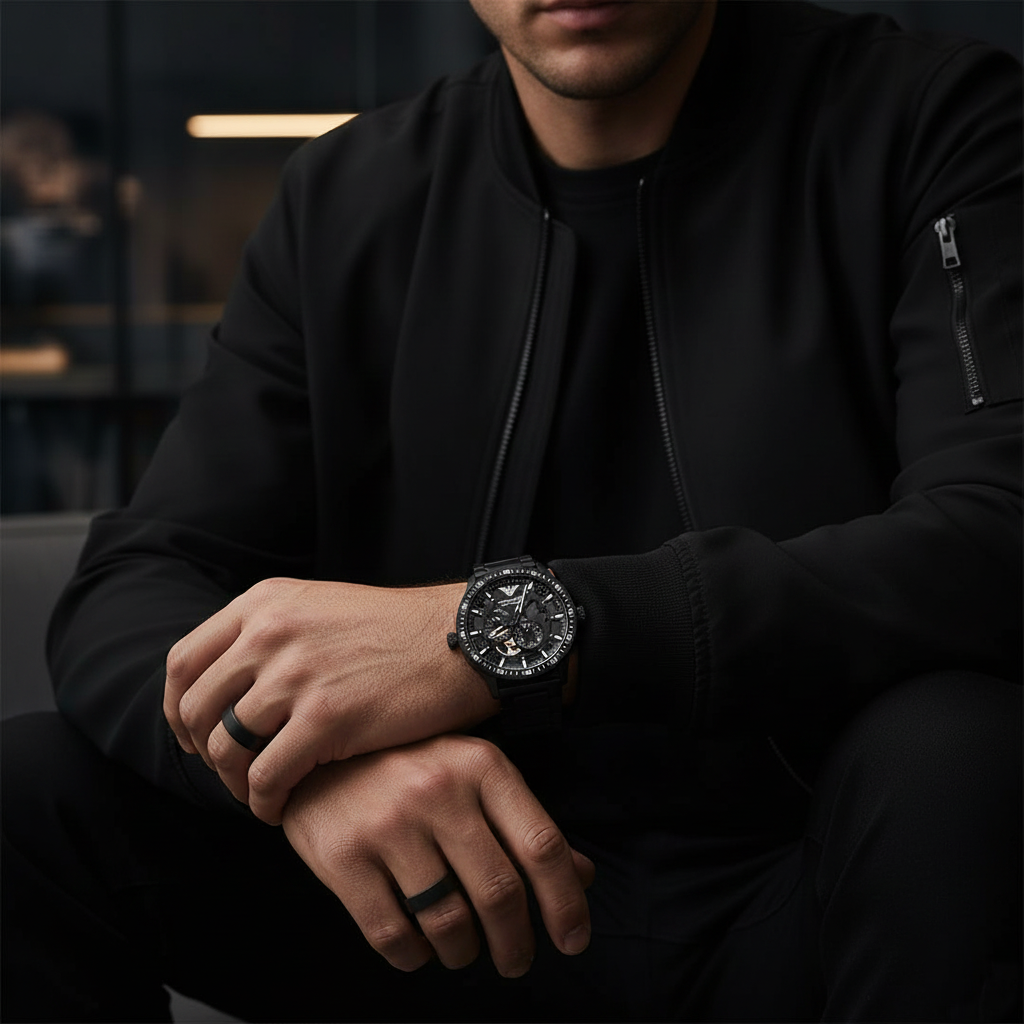 Emporio Armani Mario AR60054 Meccanico Automatic Skeleton All-Black Watch