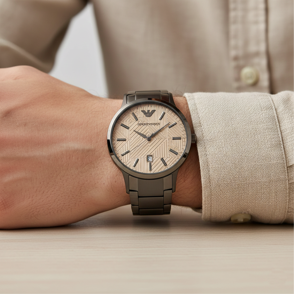 Emporio Armani Renato AR11183 Gunmetal Watch with Beige Geometric Dial