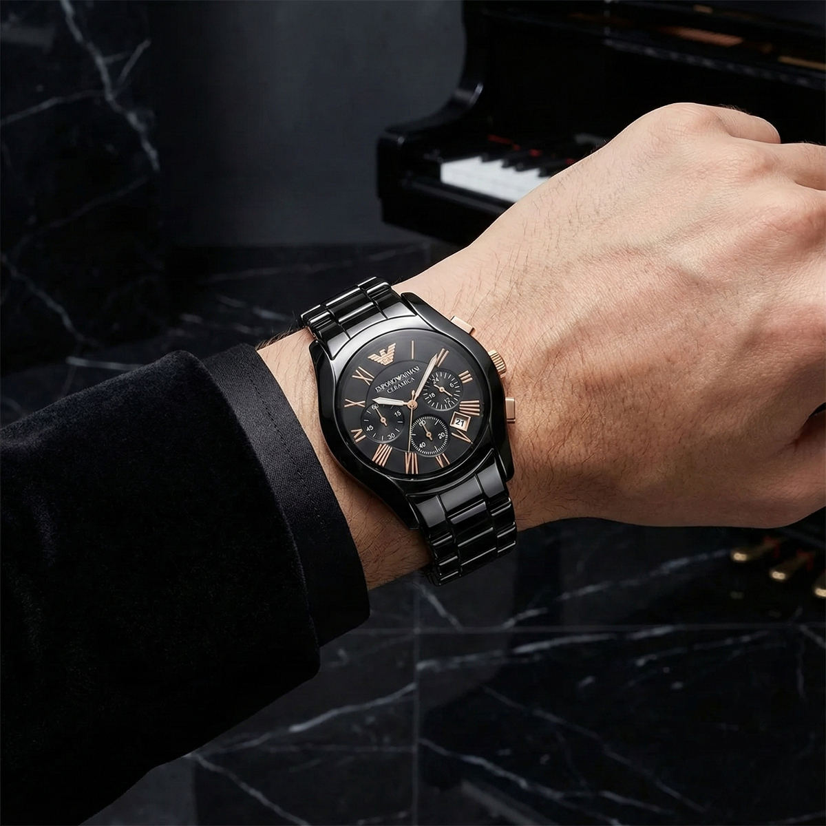 Emporio Armani Valente AR1410 Black Ceramic & Rose Gold Watch