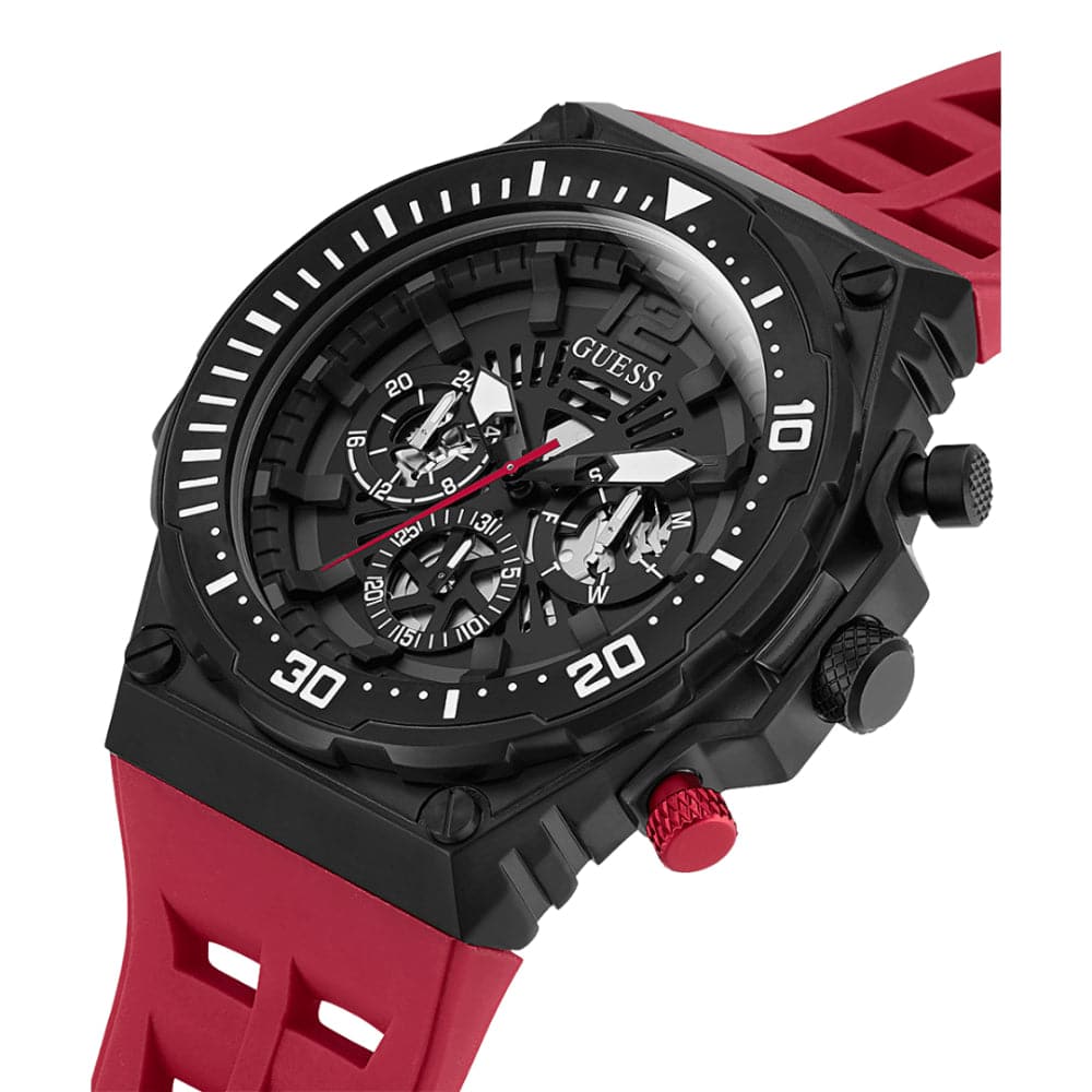 Guess Exposure GW0325G3 Black Tone Skeleton Dial Red Rubber Watch