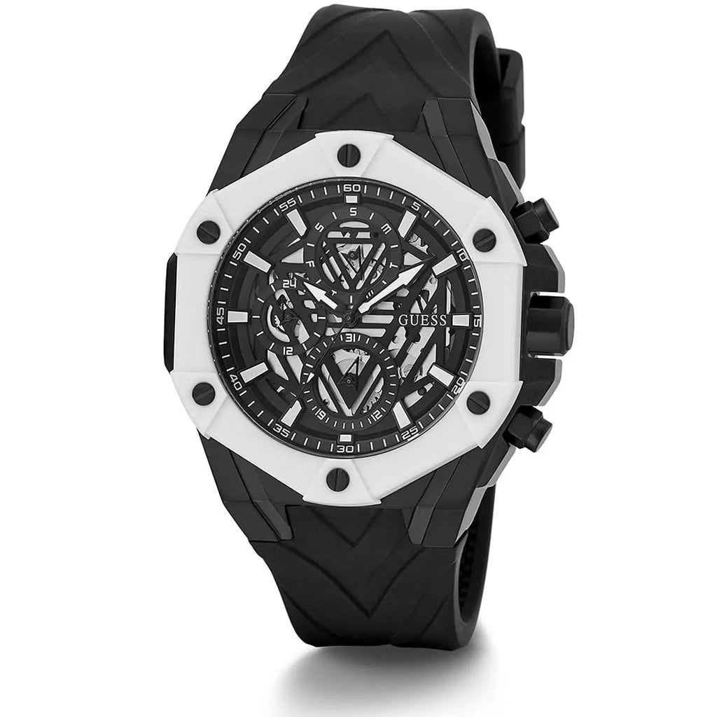 Guess Formula GW0579G1 Black Skeleton Dial White Bezel Rubber Strap Watch