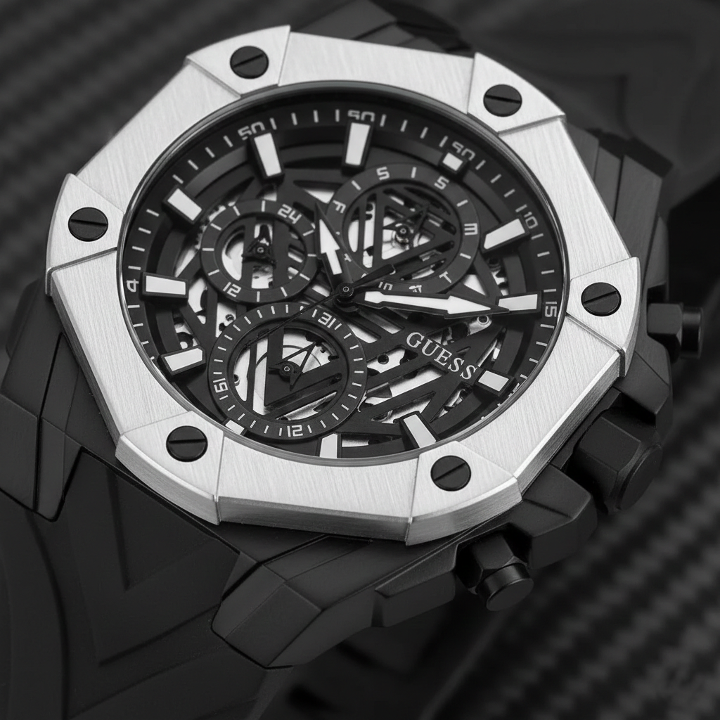 Guess Formula GW0579G1 Black Skeleton Dial White Bezel Rubber Strap Watch