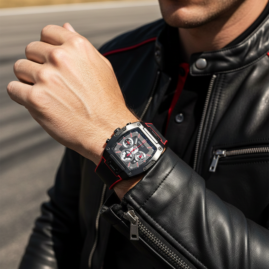 Guess Phoenix GW0202G7 Black Case Red Accents Skeleton Dial Rubber Strap Men's Watch