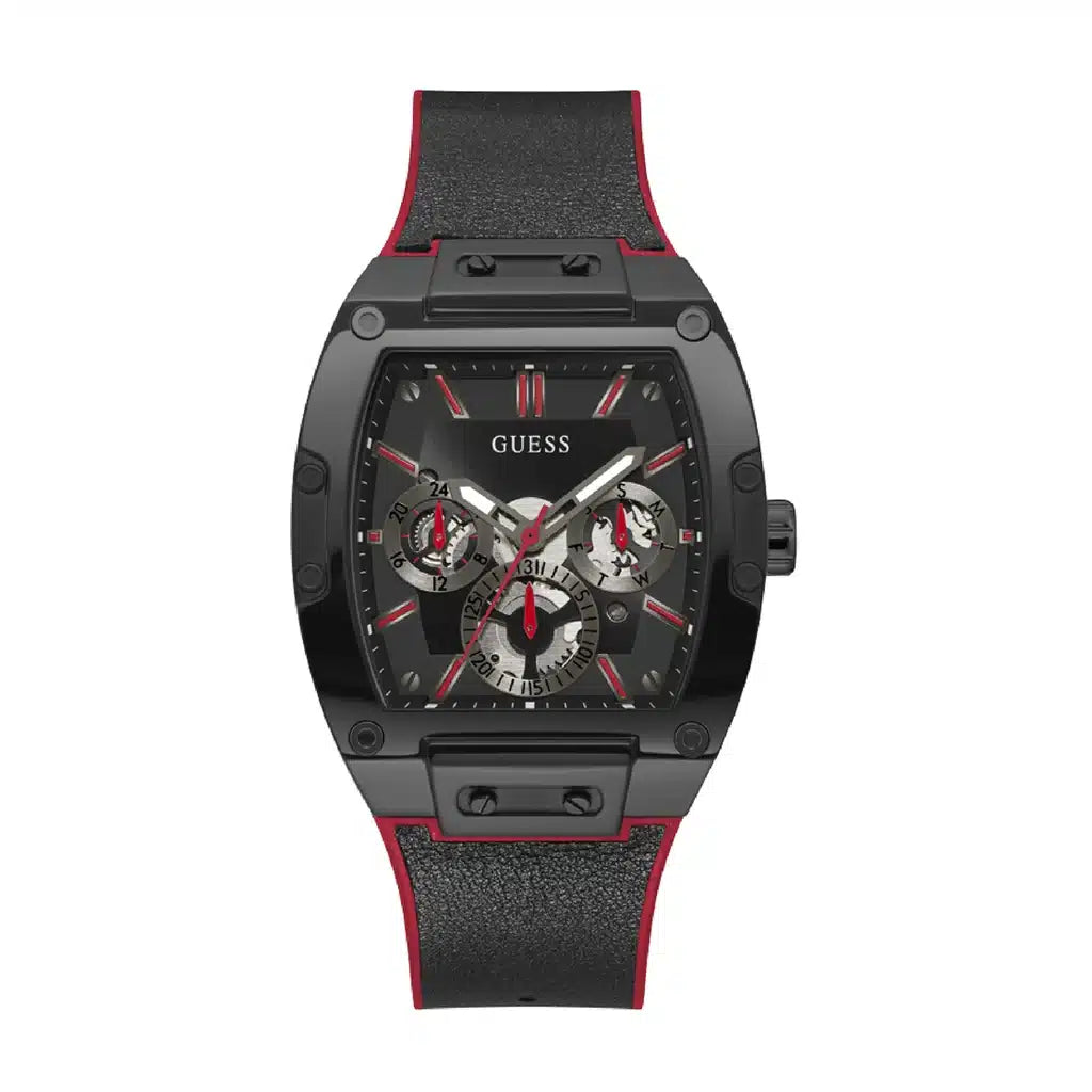 Guess Phoenix GW0202G7 Black Case Red Accents Skeleton Dial Rubber Strap Men's Watch