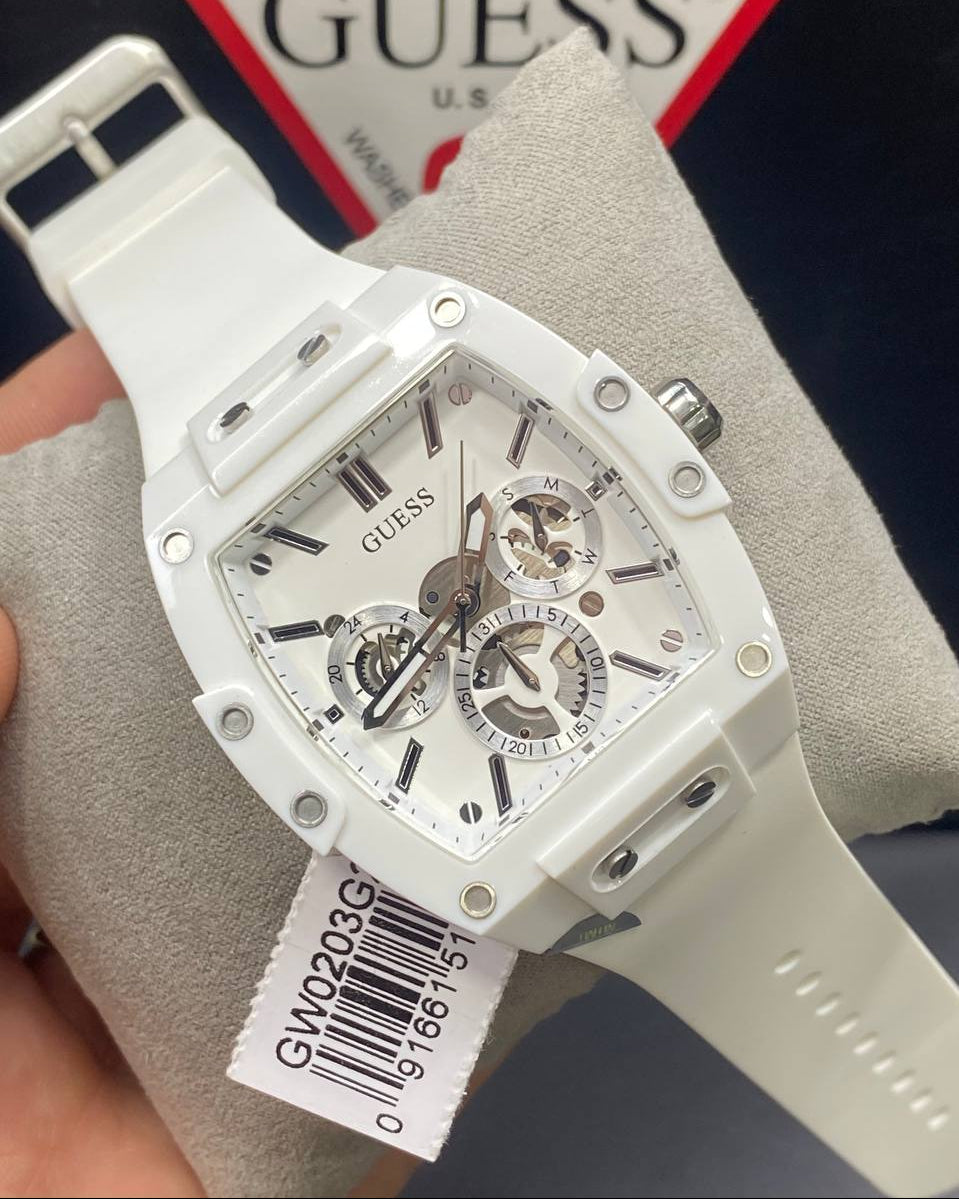 Guess Phoenix GW0203G2 White Rubber Case Skeleton Dial Rubber Strap Men's Watch