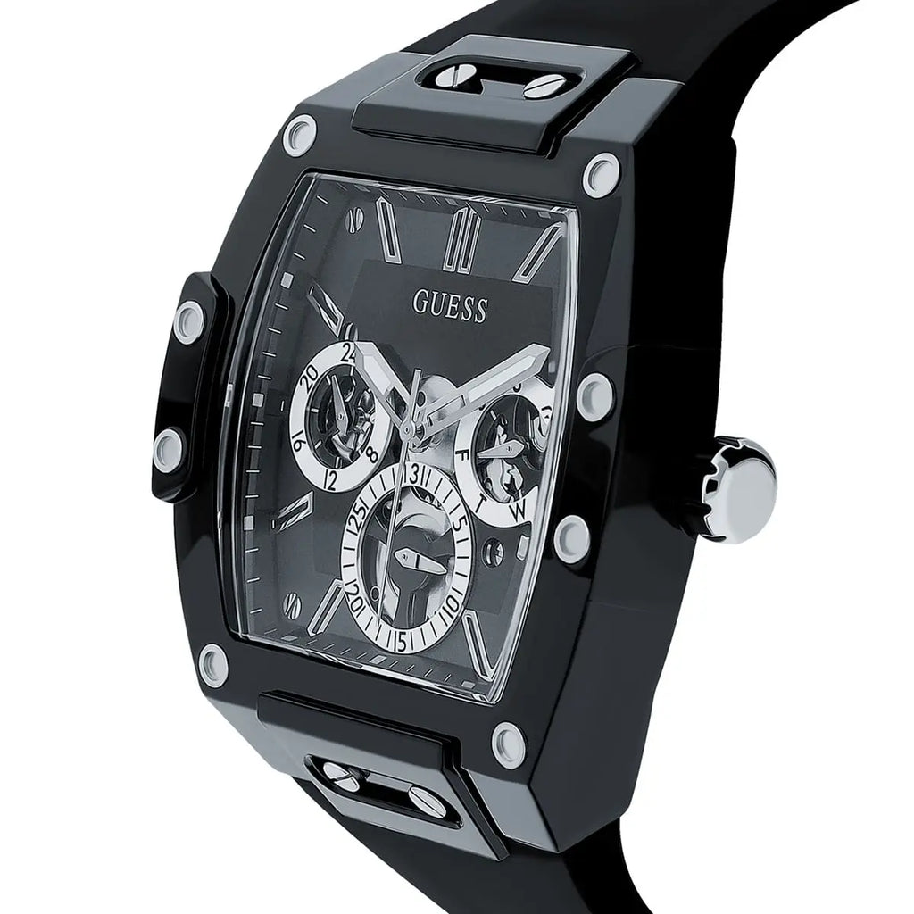 Guess Phoenix GW0203G3 Black Rubber Case Silver Accents Skeleton Dial Watch