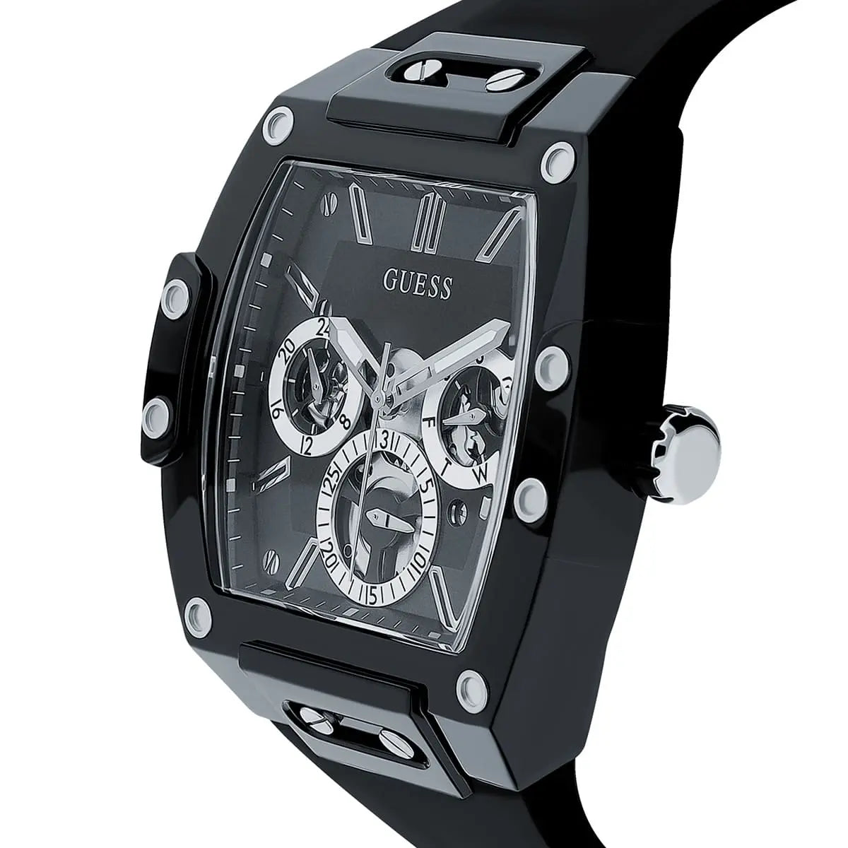 Guess Phoenix GW0203G3 Black Rubber Case Silver Accents Skeleton Dial Watch