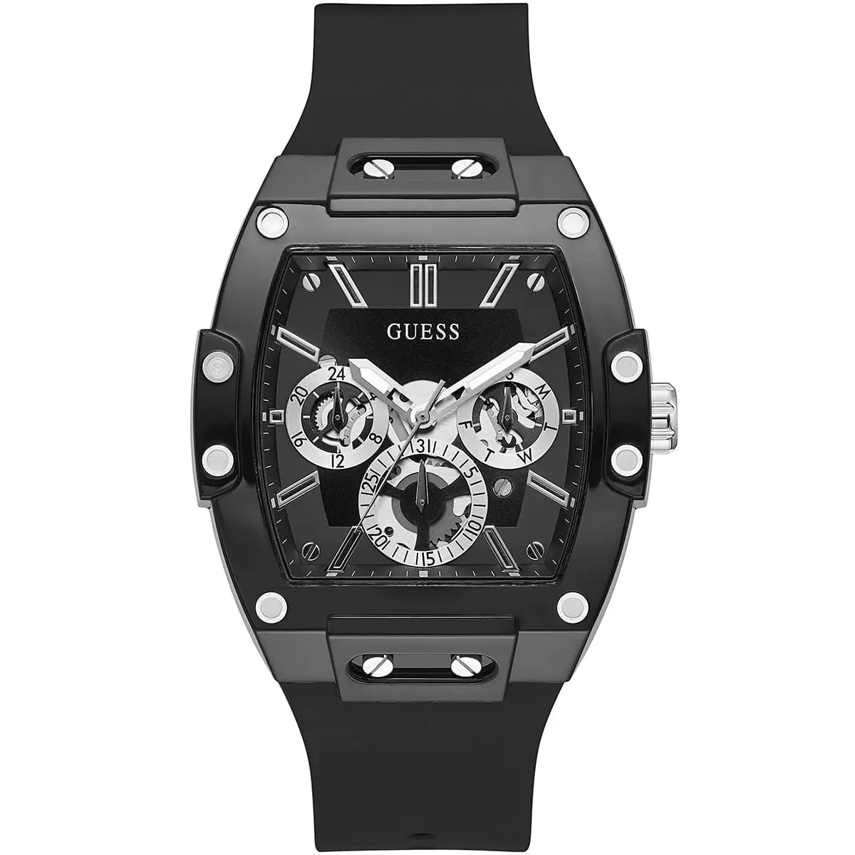 Guess Phoenix GW0203G3 Black Rubber Case Silver Accents Skeleton Dial Watch