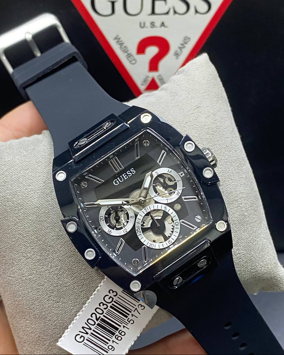 Guess Phoenix GW0203G3 Black Rubber Case Silver Accents Skeleton Dial Watch
