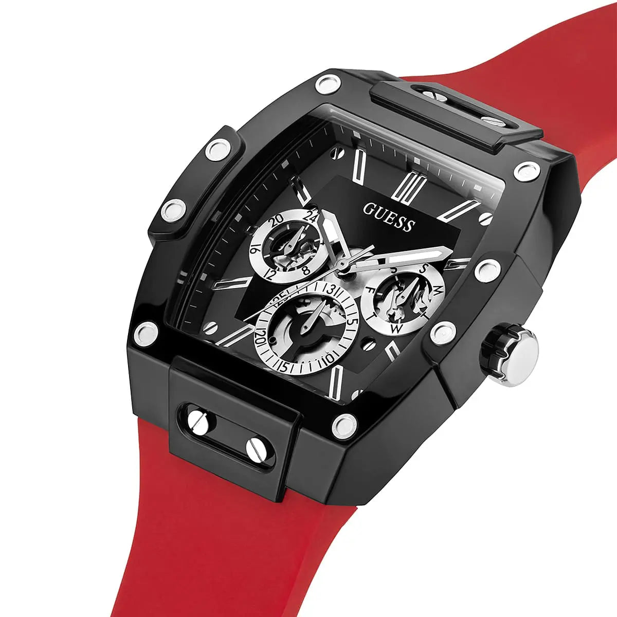 Guess Phoenix GW0203G4 Black Case Skeleton Dial Red Rubber Strap Watch
