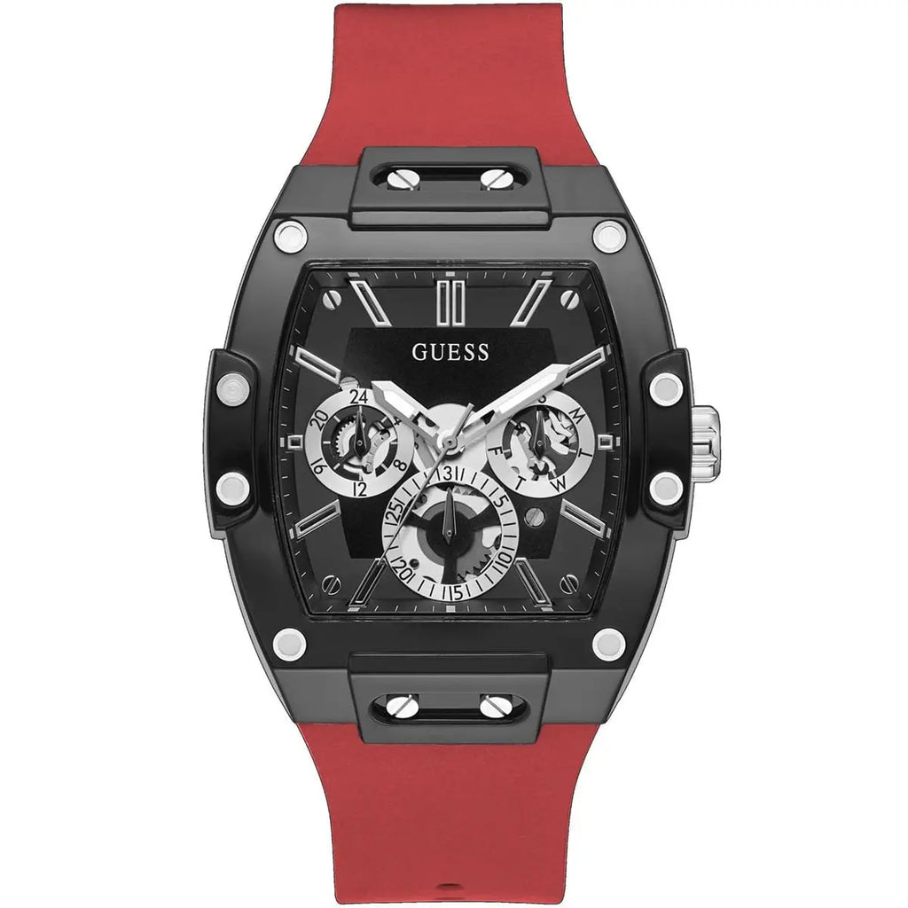 Guess Phoenix GW0203G4 Black Case Skeleton Dial Red Rubber Strap Watch