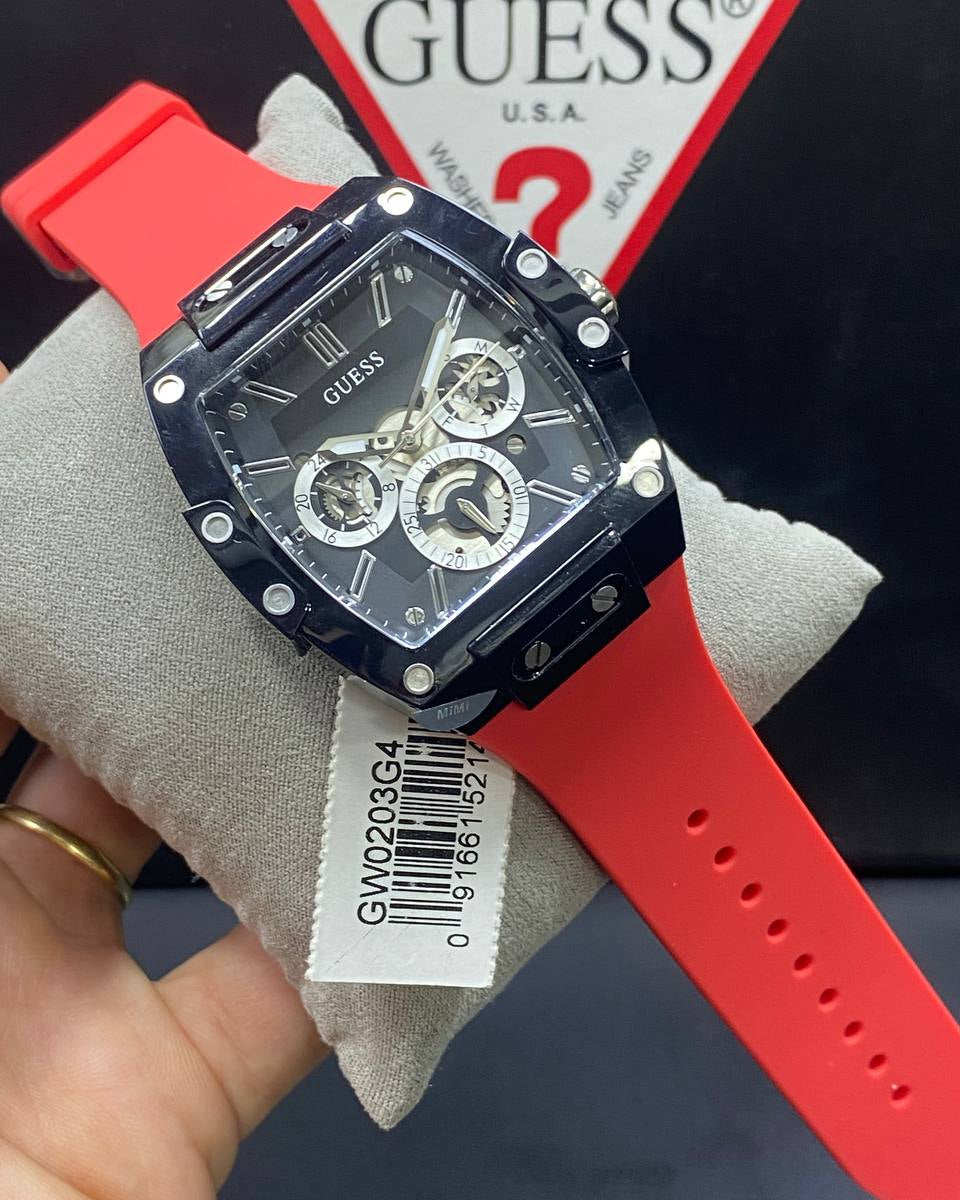 Guess Phoenix GW0203G4 Black Case Skeleton Dial Red Rubber Strap Watch