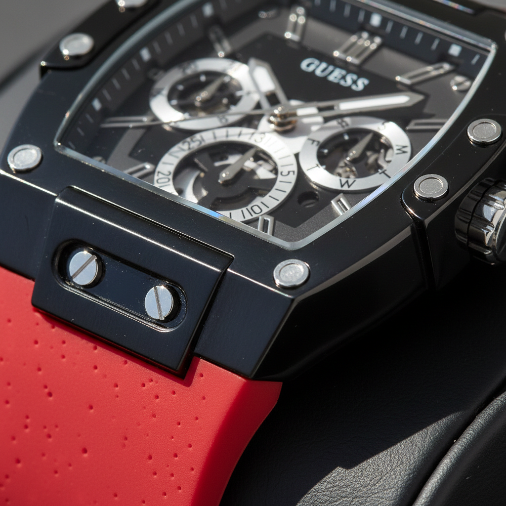 Guess Phoenix GW0203G4 Black Case Skeleton Dial Red Rubber Strap Watch