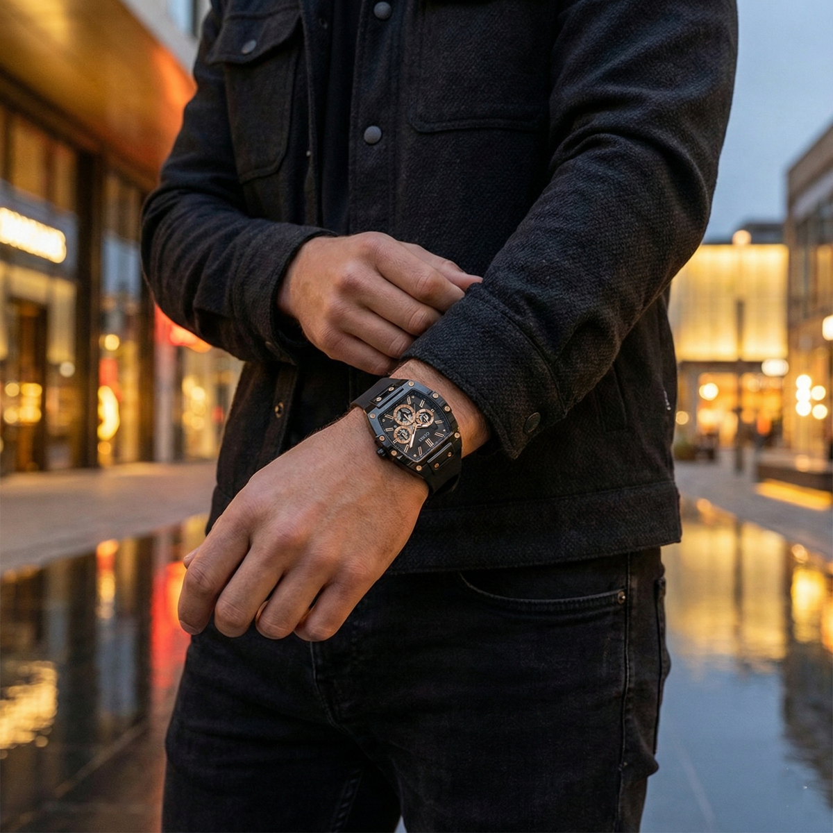 Guess Phoenix GW0203G8 Black Rubber Case Rose Gold Accents Skeleton Dial Watch