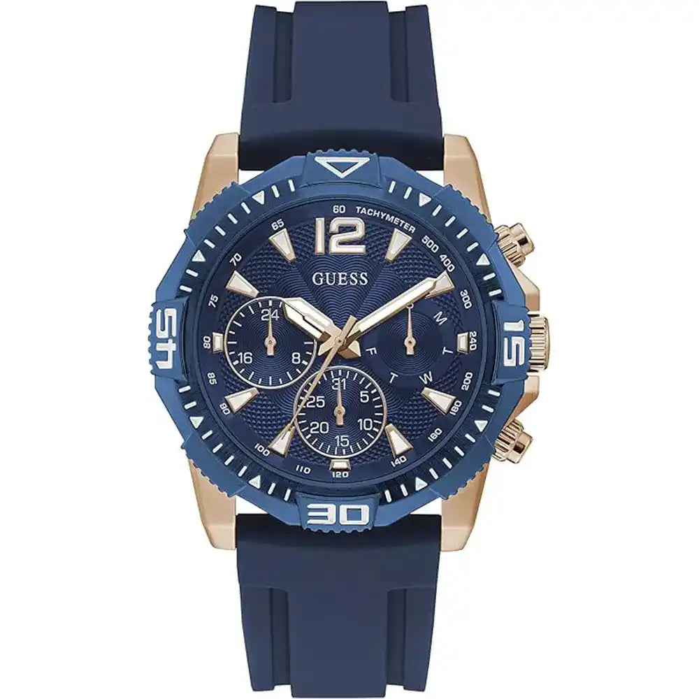 Guess Commander GW0211G4 Rose Gold Case Blue Bezel Rubber Strap Men's Watch