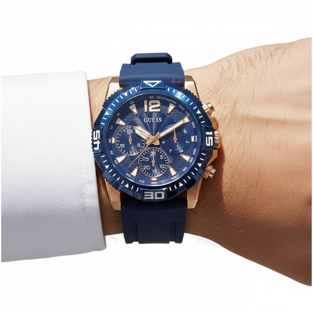 Guess Commander GW0211G4 Rose Gold Case Blue Bezel Rubber Strap Men's Watch