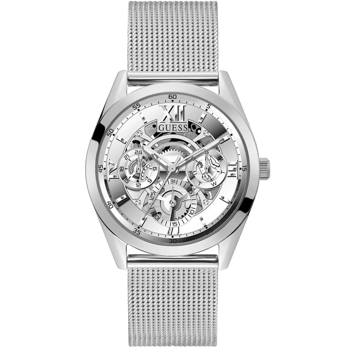 Guess Tailor GW0368G1 Silver Mesh Skeleton Dial Men's Watch