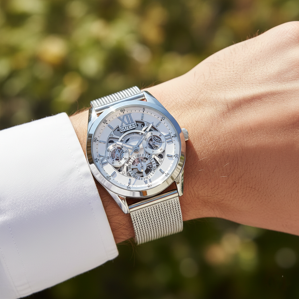 Guess Tailor GW0368G1 Silver Mesh Skeleton Dial Men's Watch