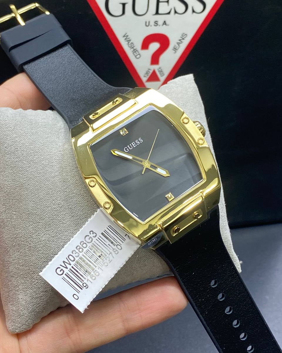 Guess Phoenix GW0386G3 Gold-Tone Case Black Minimalist Dial Leather Strap Men's Watch
