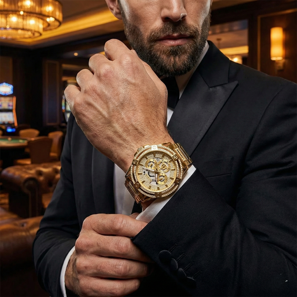 Guess Headline GW0497G2 Full Gold Crystal Encrusted Skeleton Men's Watch