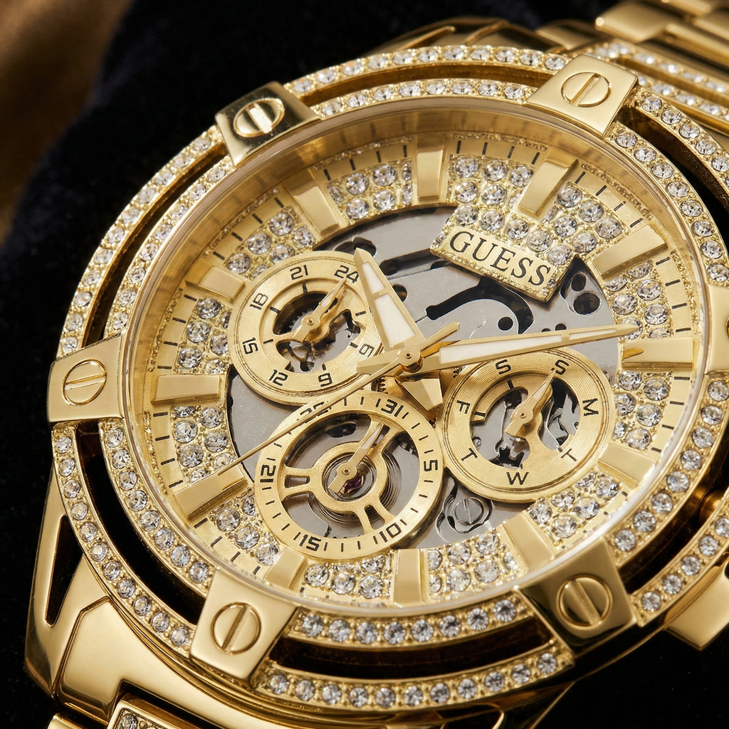 Guess Headline GW0497G2 Full Gold Crystal Encrusted Skeleton Men's Watch